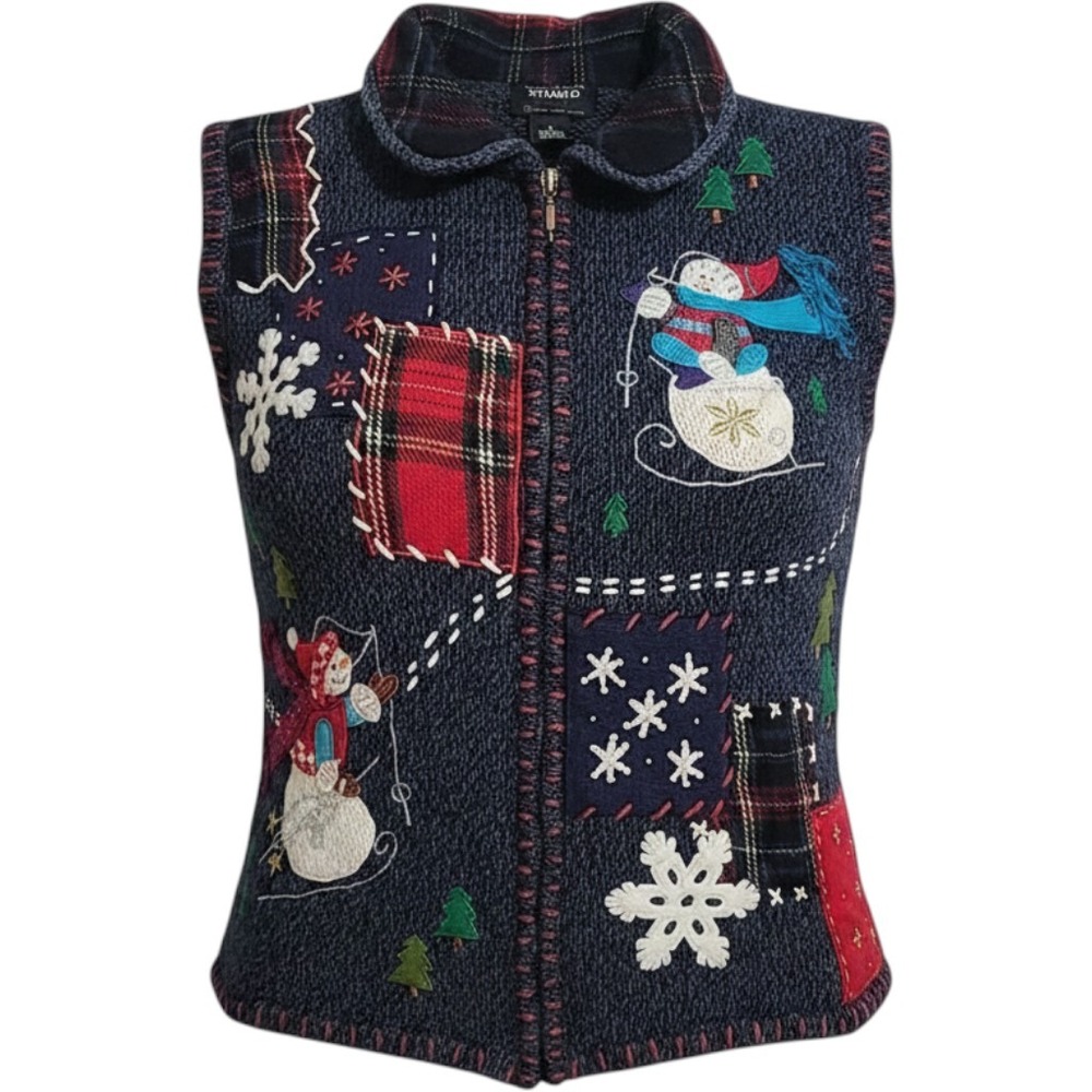 Designers Originals Studio Joy Vest Womens XL Snowman Plaid Blue Ramie Cotton